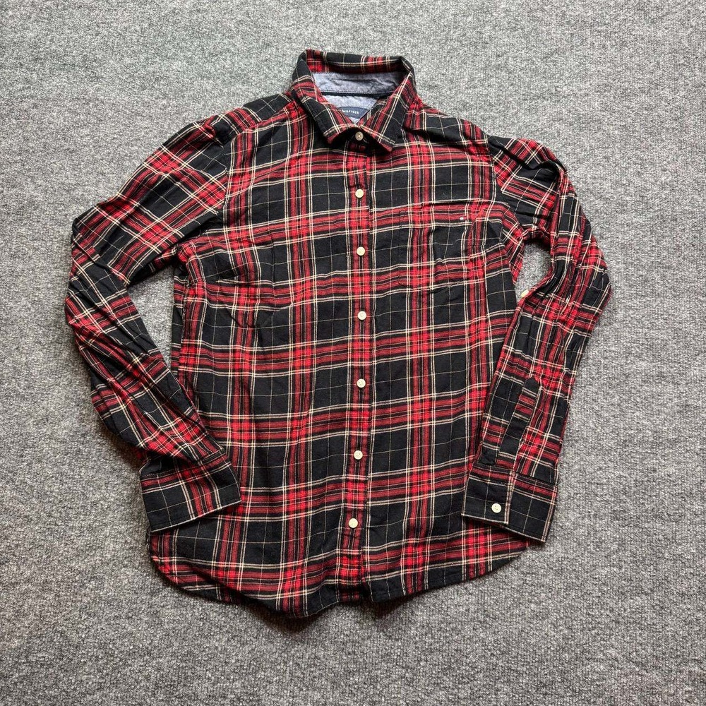 Tommy Hilfiger Flannel Shirt Mens S Red Black Plaid‎ Button Down Long Sleeve